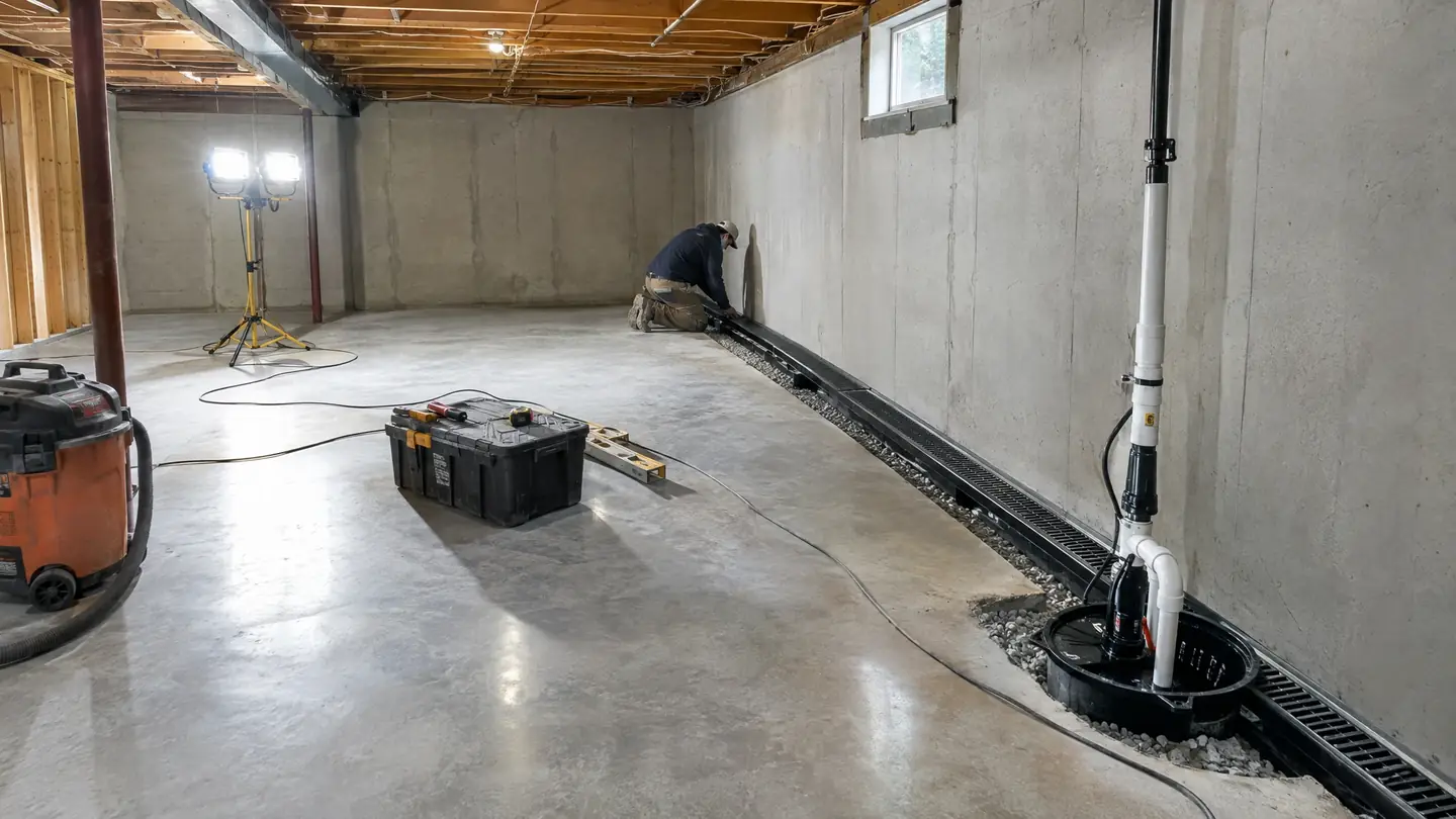 Basement Waterproofing work in progress on a Middle Tennessee home