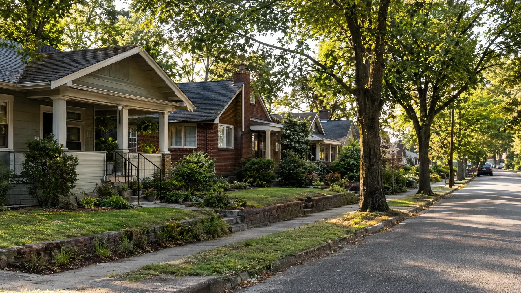 Tree-lined East Nashville street with bungalows and brick homes