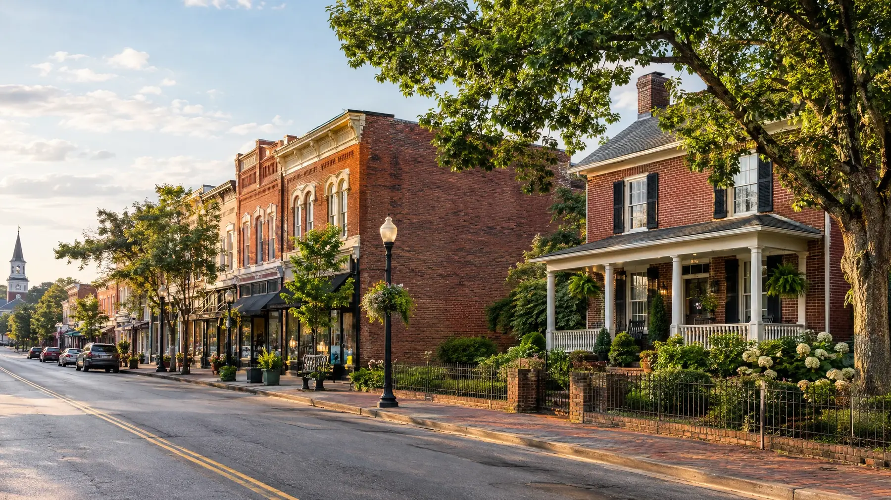 Historic downtown street and old brick home in Franklin, Tennessee