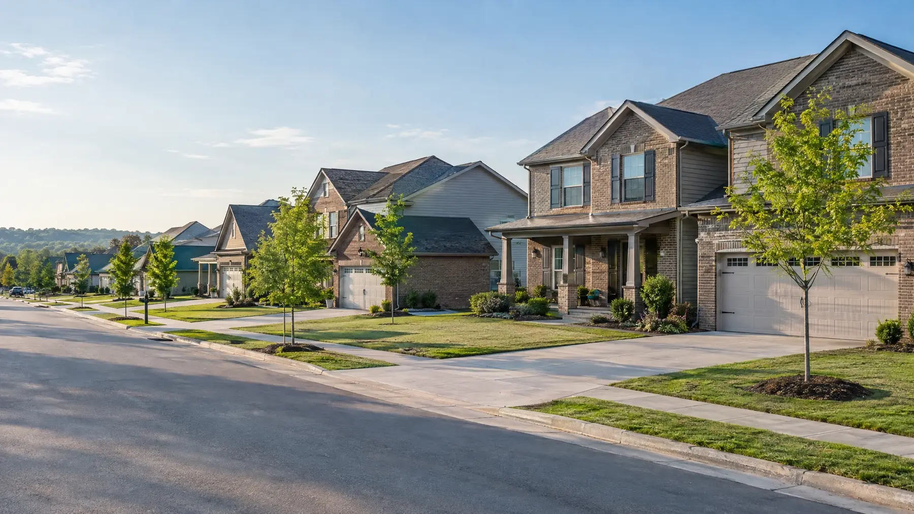New suburban neighborhood with brick and siding homes
