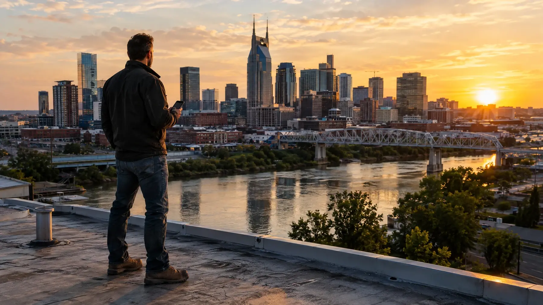 Contractor owner on a rooftop at golden hour looking over the Nashville skyline with a phone in hand