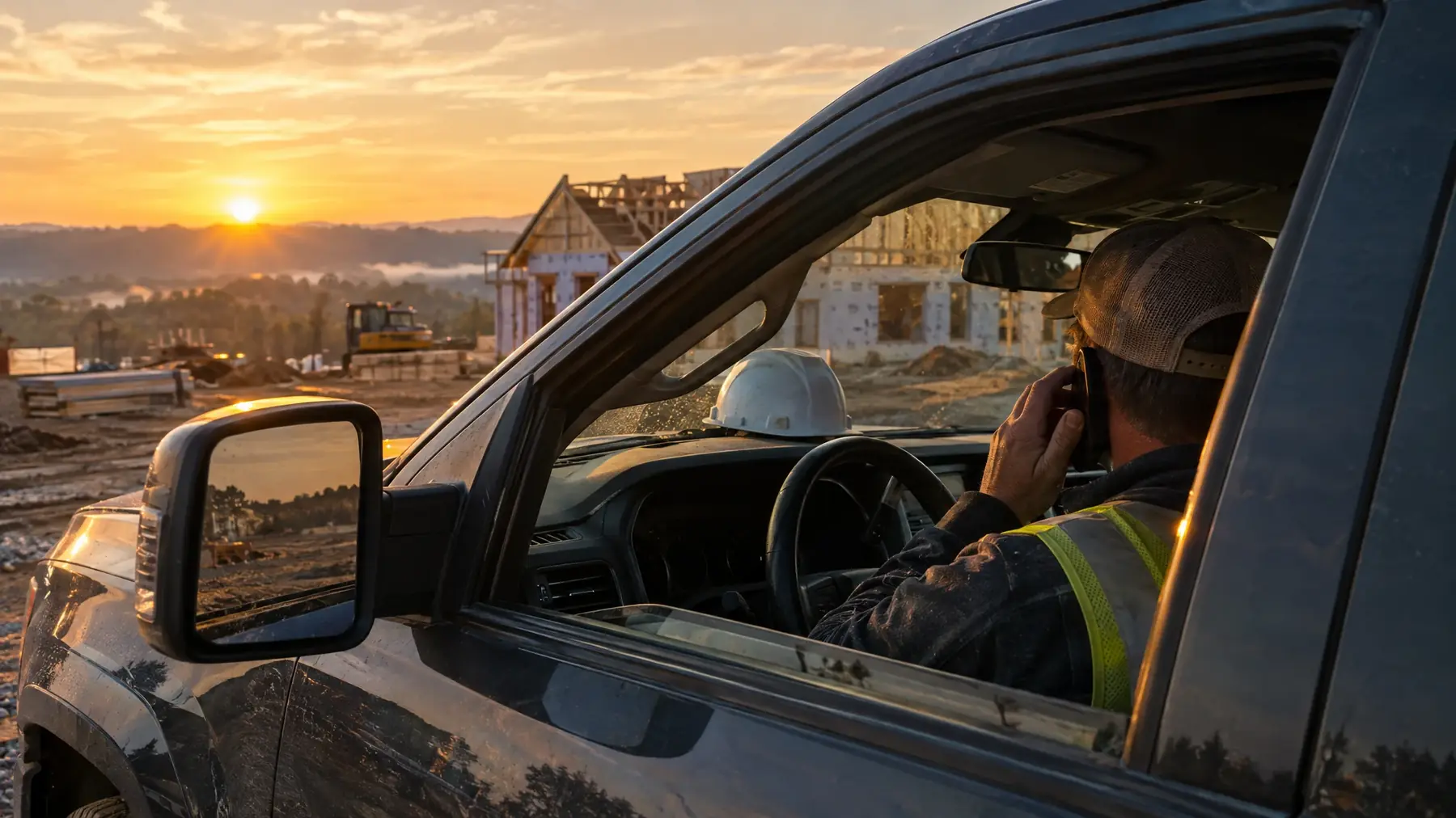 Contractor answering a call from his truck at a job site at sunrise