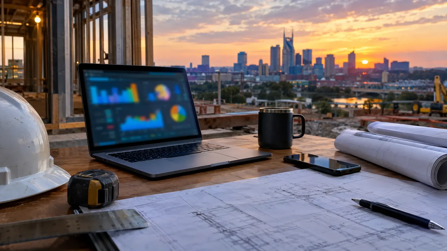 Contractor’s desk with a laptop showing analytics, a phone and blueprints