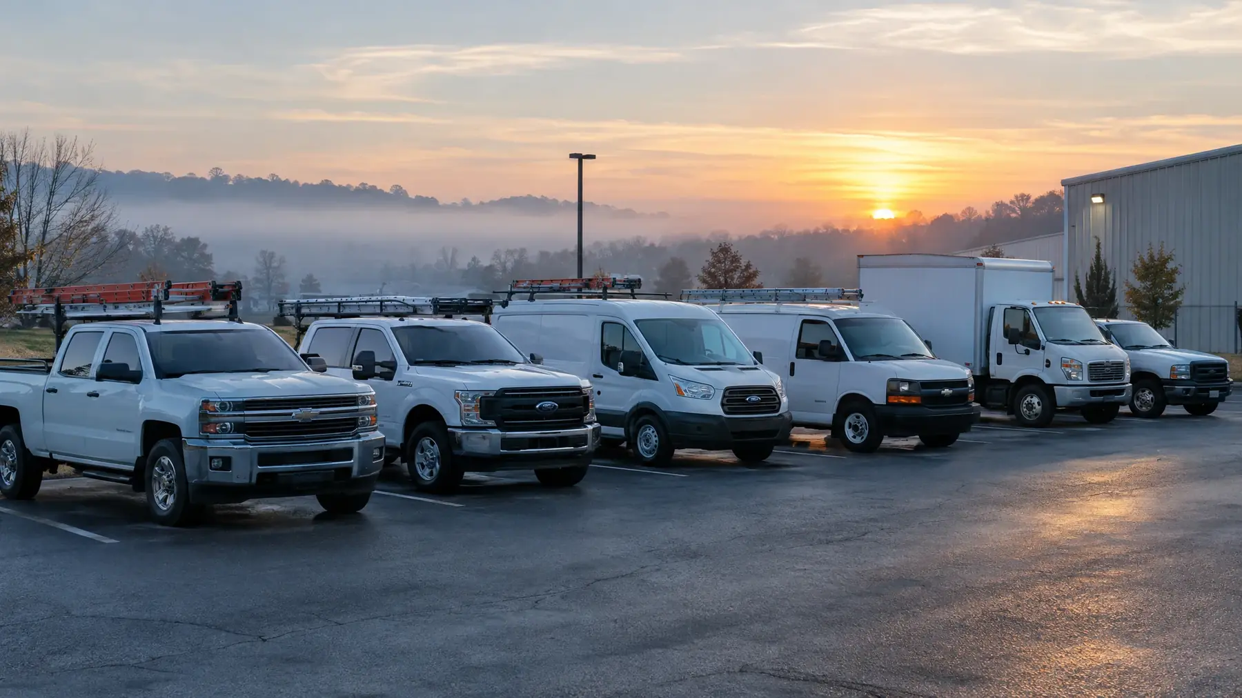 Row of contractor work trucks parked at dawn